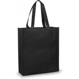 A black tote bag with two sturdy straps and a simple design, featuring a logo on one side.