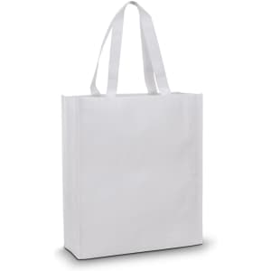 A white tote bag with two sturdy handles and a plain design, featuring a branding logo.