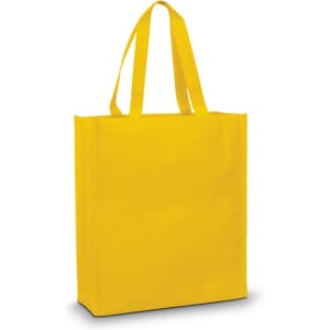 A bright yellow tote bag with sturdy handles and a simple design. It includes a logo on one side.