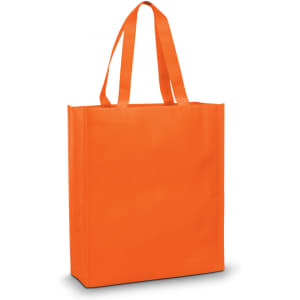 An orange tote bag with long handles and a simple design. It has a logo on the front.