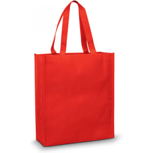 A red tote bag with long handles and a simple, unembellished design. It has a sturdy structure.