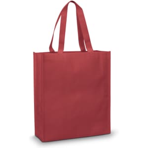 A red tote bag with two sturdy handles and a blank surface, featuring a logo.
