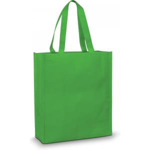 A bright green tote bag with long handles and a simple design. It features a logo on one side.