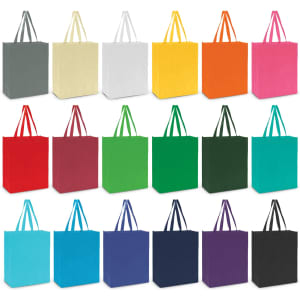 A collection of tote bags in various colours including grey, white, yellow, orange, pink, red, green, and blue, featuring double handles.