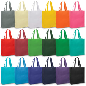 A variety of tote bags in multiple colours, including grey, yellow, white, orange, red, green, and purple, displayed in rows. Each bag has handles and a logo.