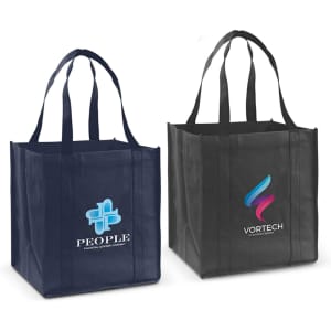 A navy blue tote bag with handles and a logo on one side; a black tote bag with a multicoloured logo on the other side.
