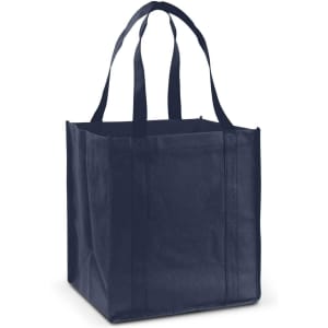 A navy blue Super Shopper Tote Bag with sturdy handles, featuring a square design for easy carrying and storage.