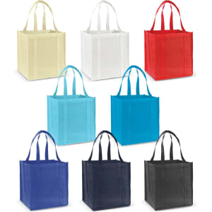 A collection of eight tote bags in various colours: yellow, white, blue, red, light blue, dark blue, and black. Each has handles and a logo.