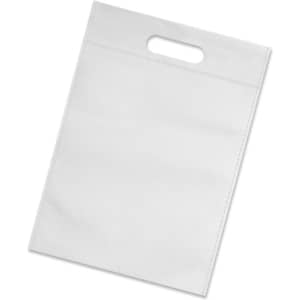 A white tote bag with a handle, featuring a smooth surface and stitching details. It has a simple design and includes branding.