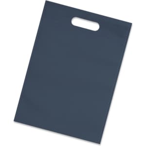 A navy blue tote bag with a handle and a simple design. It features a logo on the surface.