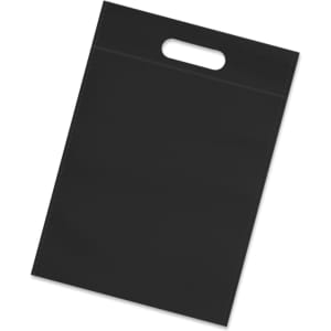 A black tote bag with a handle, featuring a simple, smooth design and no visible logos or text.