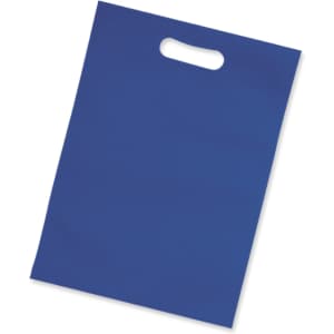 A blue tote bag with a handle, featuring a plain design and no visible branding.