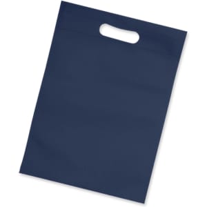 A navy blue tote bag with a top handle, featuring a simple and sleek design. It has a logo on one side.