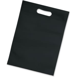 A black tote bag with a simple handle and a smooth surface, featuring a logo.