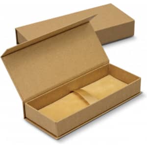 A brown cardboard gift box, opened to reveal a smooth, beige interior.
