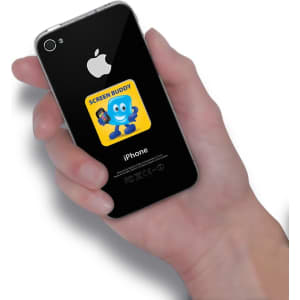 A hand holds a black smartphone featuring a colourful promotional cleaning cloth design with a logo.