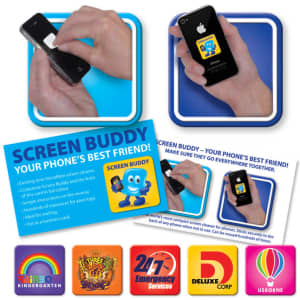 A cleaning cloth with a blue character design, featuring a logo, alongside promotional materials for "Screen Buddy".
