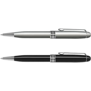A set of two metal pens, one in silver and the other in black, each featuring a clip and polished accents.