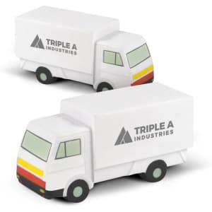 A pair of foam small trucks in white with a logo, featuring colourful stripes on the front.
