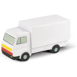 A white stress toy shaped like a small truck, featuring a minimalist design with subtle colour accents.