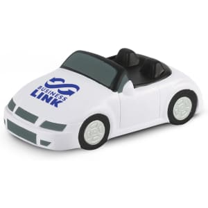 A white stress car toy with two seats and a logo on the hood. Ideal for stress relief and playful fun.