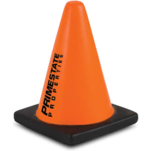 An orange stress road cone with a black base and a logo on the side.