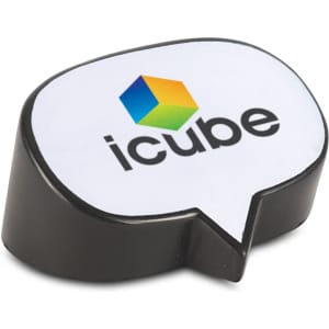 A black stress relief ball in the shape of a speech bubble with a logo on its side.