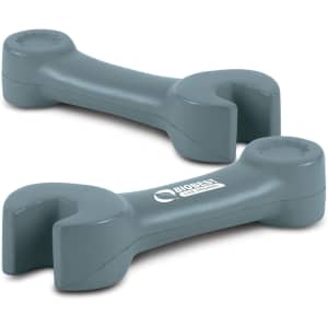 A pair of grey stress spanner shapes with rounded ends and a logo on one side.