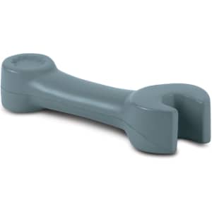 A grey stress relief toy shaped like a spanner, featuring a logo on one end.