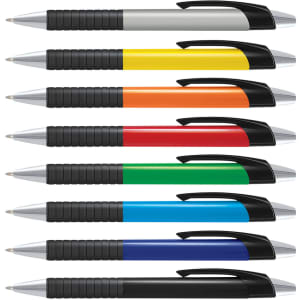 A selection of plastic pens with coloured barrels in grey, yellow, orange, red, green, black, blue, and dark blue. Each pen has a black grip and a logo.