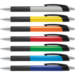 A collection of plastic pens with coloured barrels in grey, yellow, orange, red, green, and blue, featuring black grips and clips.