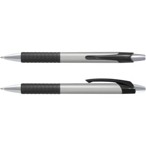 A grey pen with a coloured barrel and black grip, featuring a chrome clip and tip. The pen has a logo.