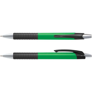A green plastic pen with a black grip and silver accents, featuring a logo on the barrel.
