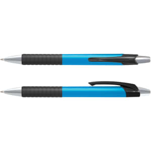 A blue plastic pen with a textured grip and chrome accents, displayed in two positions. It features a logo.