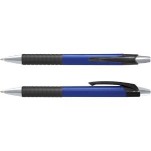 A set of blue pens with black rubber grips and silver accents, featuring a logo on one.