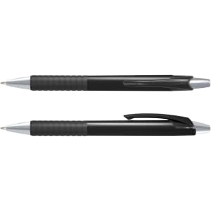 A black plastic pen with a coloured barrel and a shiny silver clip, featuring a textured grip.