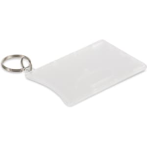 A clear plastic single card holder with a silver keyring attached.