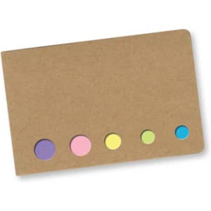A set of sticky flags in pastel colours (purple, pink, yellow, green, and blue) on a brown cardboard backing.