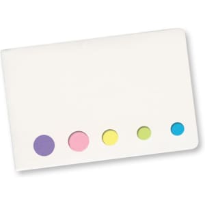 A set of sticky note flags in various pastel colors, presented in a compact holder.