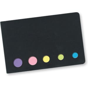 A black sticky note holder with five coloured flags: purple, pink, yellow, green, and blue. It has a logo.