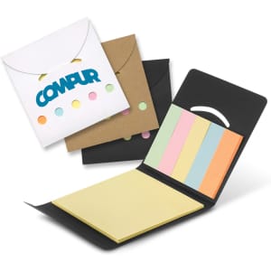 A pocket pad featuring a black exterior, assorted sticky note colours, and a logo on the cover.