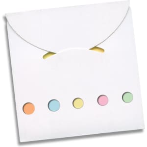 A white envelope featuring five pastel sticky note tabs in orange, yellow, pink, green, and blue.