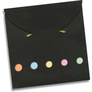 A pocket-sized pad with a black cover featuring five colorful sticky note flags in various pastel shades.