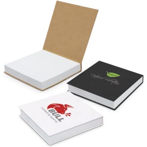 Three sticky note pads in varied designs: a brown kraft, a black, and a white with a red logo.