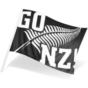 A Supporters Flag featuring a black and white design with the text "GO NZ!" and a fern graphic.