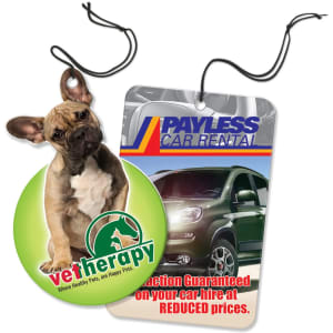 A round green car air freshener featuring a French Bulldog and a rectangular tag with a car rental logo.