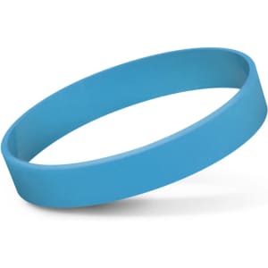 A silicone wristband in a bright blue color, designed for promotional events.