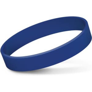 A blue silicone wristband with a smooth finish, featuring a logo. Suitable for exhibitions and events.