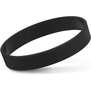 A black silicone wristband featuring a smooth surface and a simple design. It has a logo on it.