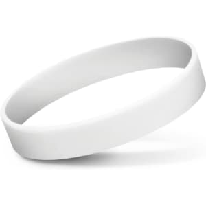 A white silicone wristband, smooth and circular in shape, designed for promotional use in exhibitions and events.